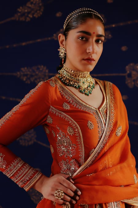 Buy Jigar Mali Orange Chanderi, Organza Embroidery Round Neck Designer Lehenga Set Online at Aza Fashions Buy_Jigar Mali_Orange Chanderi, Organza Embroidery Round Neck Designer Lehenga Set _Online_at_Aza_Fashions