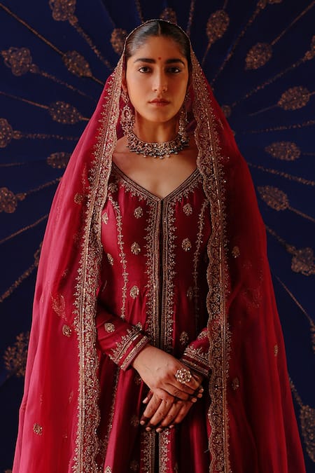 Jigar Mali_Wine Chanderi, Organza Embroidery, Sequins Round Neck Designer Lehenga Set _Online_at_Aza_Fashions