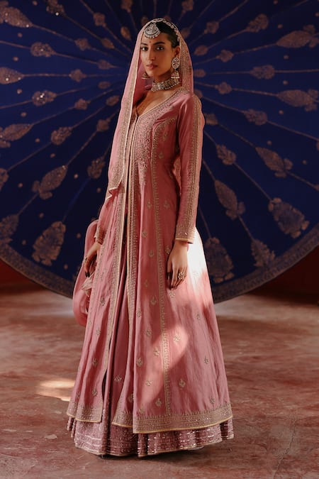 Shop Jigar Mali Purple Chanderi, Organza Embroidery Round Neck Designer Lehenga Set at Aza Fashions Shop_Jigar Mali_Purple Chanderi, Organza Embroidery Round Neck Designer Lehenga Set _at_Aza_Fashions