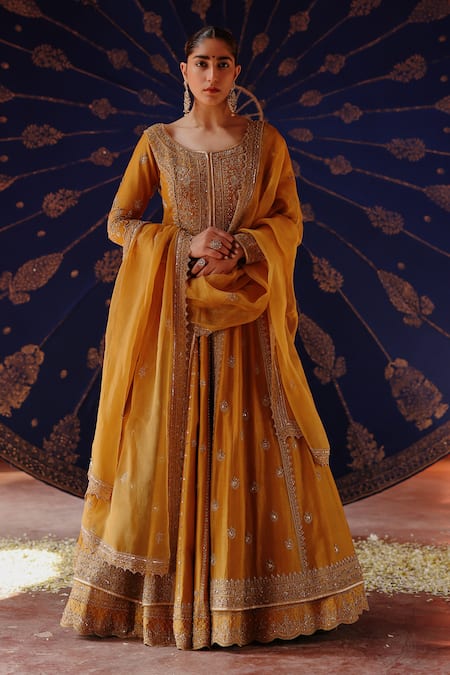 Jigar Mali Yellow Chanderi, Organza Embroidery, Sequins Round Neck Lehenga Set 