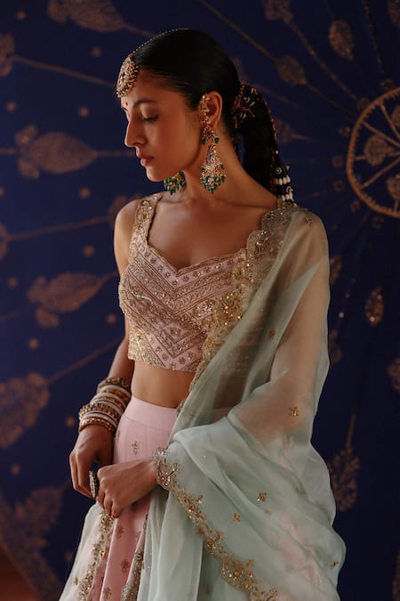Buy_Jigar Mali_Pink Chanderi, Organza Sequins, Embroidery Round Neck Designer Lehenga Set _Online_at_Aza_Fashions