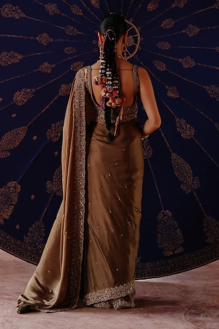 Jigar Mali Designer Green Satin Saree & Blouse 