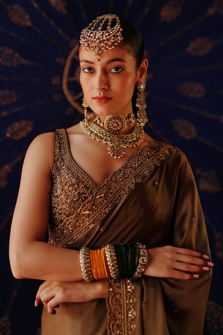 Jigar Mali_Green Satin, Net Embroidery, Sequins Round Neck Designer Saree And Blouse _Online_at_Aza_Fashions