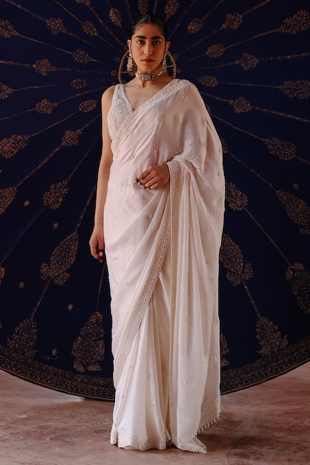 Jigar Mali Ivory Satin, Net Embroidery V-neck Designer Ggt Saree And Blouse 