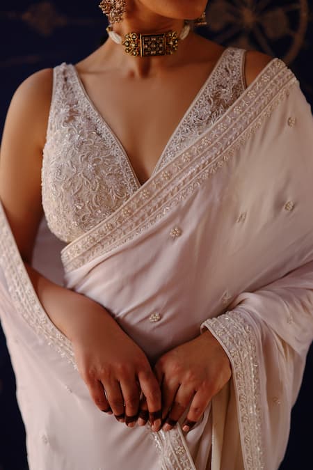 Jigar Mali_Ivory Satin, Net Embroidery V-neck Designer Ggt Saree And Blouse _Online_at_Aza_Fashions