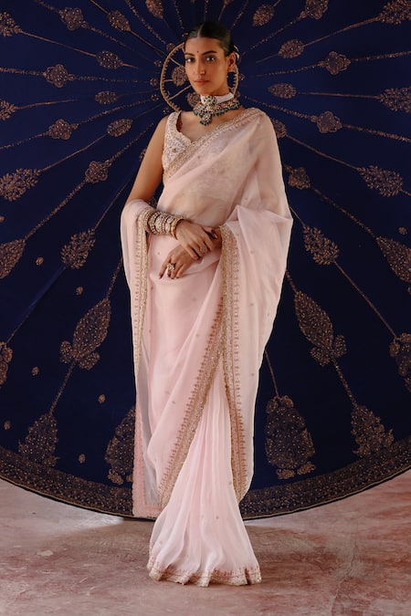 Jigar Mali Pink Organza, Chanderi Sequins, Embroidery Designer Saree Set 