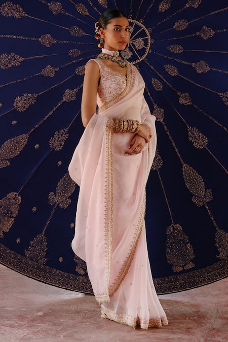 Jigar Mali_Pink Organza, Chanderi Sequins, Embroidery Designer Saree Set _Online_at_Aza_Fashions