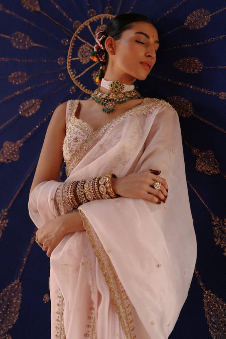 Buy_Jigar Mali_Pink Organza, Chanderi Sequins, Embroidery Designer Saree Set _Online_at_Aza_Fashions