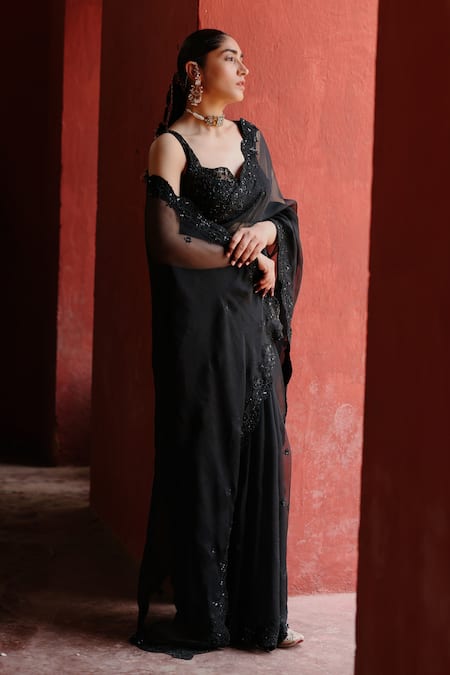 Jigar Mali Black Organza Designer Saree Set 