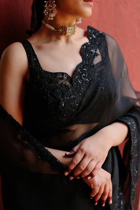 Jigar Mali_Black Organza, Net Embroidery, Beads Sweetheart Neck Designer Saree Set _Online_at_Aza_Fashions