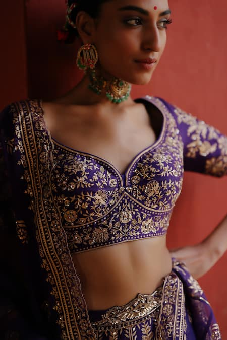 Jigar Mali_Purple Chanderi, Organza Embroidery Round Neck Lehenga Set _Online_at_Aza_Fashions