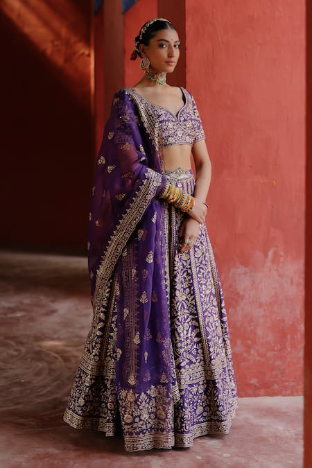 Buy_Jigar Mali_Purple Chanderi, Organza Embroidery Round Neck Lehenga Set _Online_at_Aza_Fashions