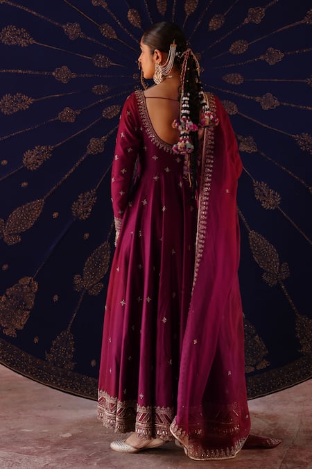 Jigar Mali Wine Chanderi Anarkali Set 