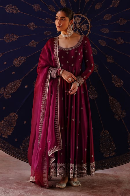 Shop_Jigar Mali_Wine Chanderi, Organza Embroidery Round Neck Anarkali Set _Online_at_Aza_Fashions