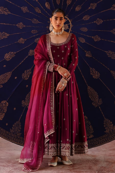 Jigar Mali Wine Chanderi, Organza Embroidery Round Neck Anarkali Set 