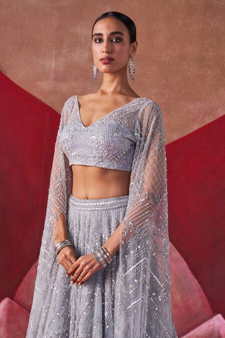 Jigar Mali Gray Net Sequins, Embroidery V-neck Designer Grey Lehenga And Blouse Set Online at Aza Fashions Jigar Mali_Gray Net Sequins, Embroidery V-neck Designer Grey Lehenga And Blouse Set _Online_at_Aza_Fashions