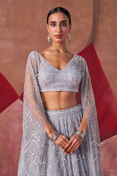 Buy Jigar Mali Gray Net Sequins, Embroidery V-neck Designer Grey Lehenga And Blouse Set Online at Aza Fashions Buy_Jigar Mali_Gray Net Sequins, Embroidery V-neck Designer Grey Lehenga And Blouse Set _Online_at_Aza_Fashions