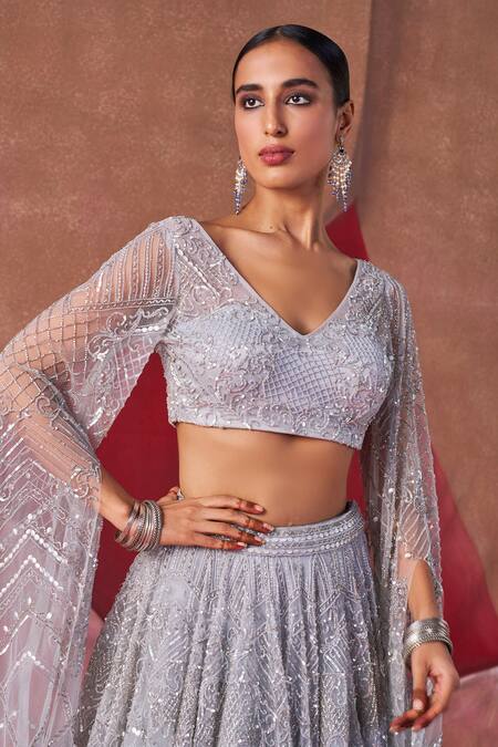 Shop Jigar Mali Gray Net Sequins, Embroidery V-neck Designer Grey Lehenga And Blouse Set Online at Aza Fashions Shop_Jigar Mali_Gray Net Sequins, Embroidery V-neck Designer Grey Lehenga And Blouse Set _Online_at_Aza_Fashions