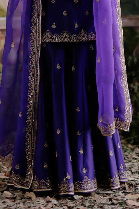Jigar Mali_Purple Chanderi, Organza Embroidery, Sequins Round Designer Kurta Sharara Set _Online_at_Aza_Fashions