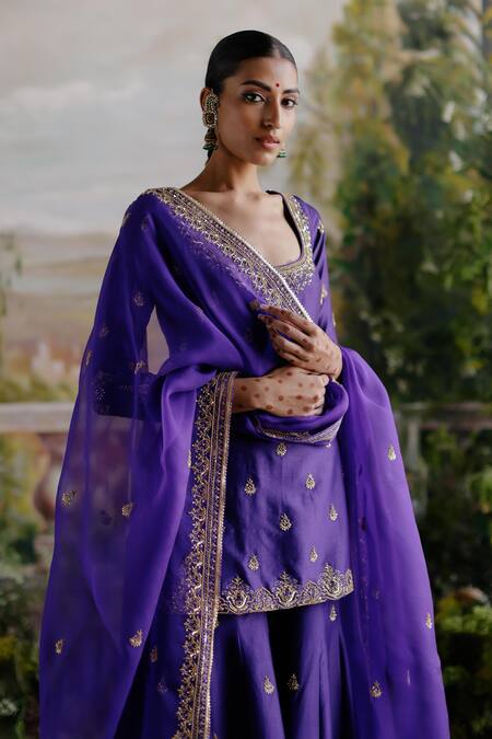 Buy_Jigar Mali_Purple Chanderi, Organza Embroidery, Sequins Round Designer Kurta Sharara Set _Online_at_Aza_Fashions