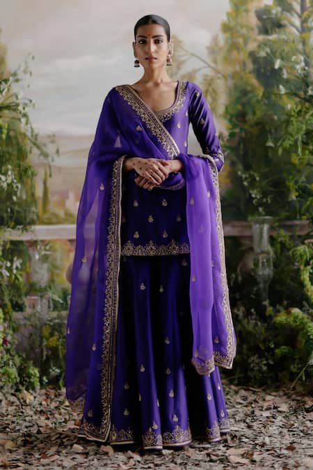 Jigar Mali Purple Chanderi, Organza Embroidery, Sequins Round Designer Kurta Sharara Set 