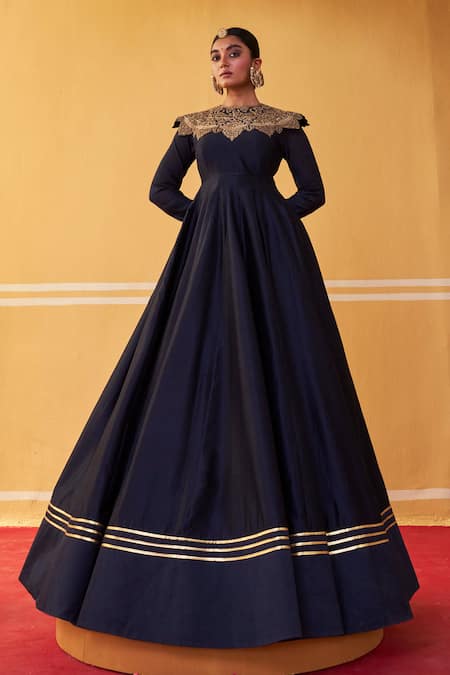Jigar Mali Navy Blue Chanderi Anarkali  