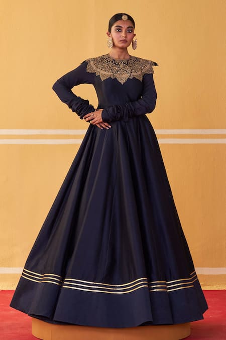 Jigar Mali Navy Chanderi Embroidery Round Neck Blue Anarkali 