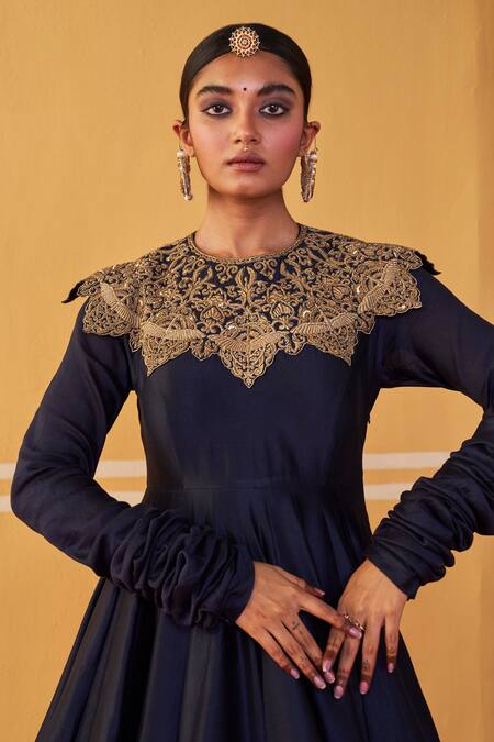 Jigar Mali_Navy Chanderi Embroidery Round Neck Blue Anarkali _Online_at_Aza_Fashions