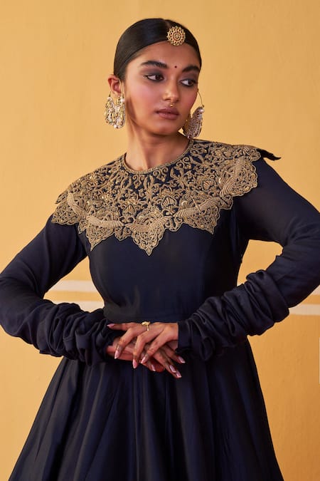 Buy_Jigar Mali_Navy Chanderi Embroidery Round Neck Blue Anarkali _Online_at_Aza_Fashions