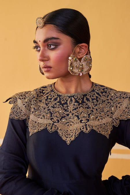 Shop_Jigar Mali_Navy Chanderi Embroidery Round Neck Blue Anarkali _Online_at_Aza_Fashions