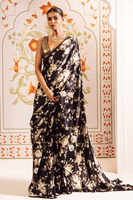 Shop Studio 113 Black Silk, Satin Floral Contrast Print Saree Shop_Studio 113_Black Silk, Satin Floral Contrast Print Saree
