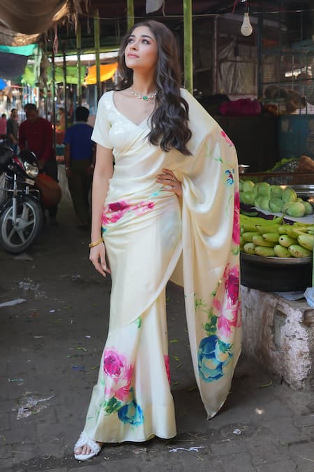 Studio 113 White Abstract Floral Print Saree 