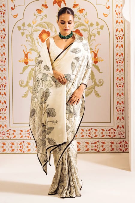 Shop Studio 113 White Silk, Satin Embroidery Kantha Mandala Print Saree With Blouse Shop_Studio 113_White Silk, Satin Embroidery Kantha Mandala Print Saree With Blouse