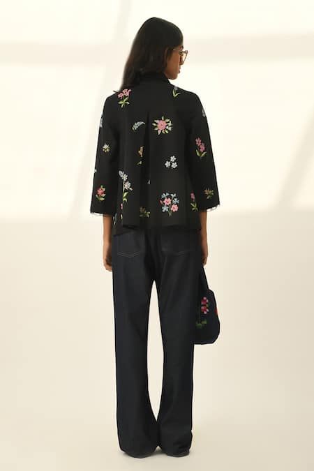 Shop Payal Pratap Black Viscose, Linen Embroidery Round Neck Ambridge Double Breasted Jacket at Aza Fashions Shop_Payal Pratap_Black Viscose, Linen Embroidery Round Neck Ambridge Double Breasted Jacket _at_Aza_Fashions