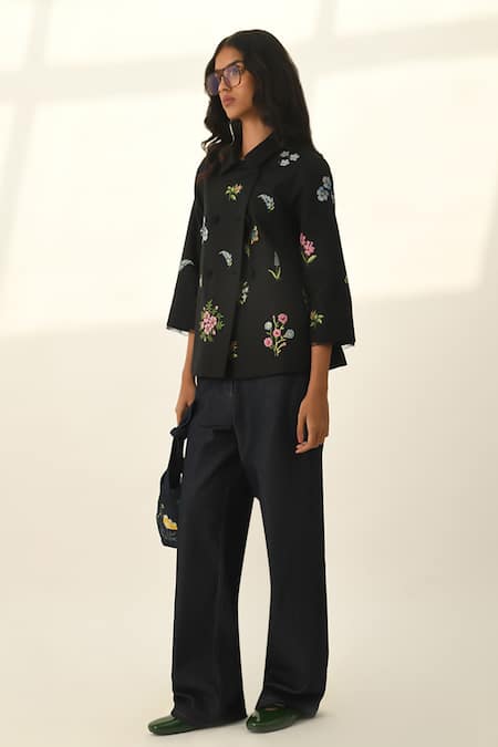 Payal Pratap Black Viscose, Linen Embroidery Round Neck Ambridge Double Breasted Jacket Online at Aza Fashions Payal Pratap_Black Viscose, Linen Embroidery Round Neck Ambridge Double Breasted Jacket _Online_at_Aza_Fashions