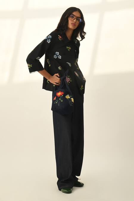 Shop Payal Pratap Black Viscose, Linen Embroidery Round Neck Ambridge Double Breasted Jacket Online at Aza Fashions Shop_Payal Pratap_Black Viscose, Linen Embroidery Round Neck Ambridge Double Breasted Jacket _Online_at_Aza_Fashions