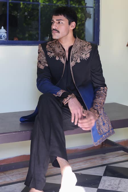 Angad Creations Black Cotton Satin Embroidery Designer Tilla Thread Work Kurta Set