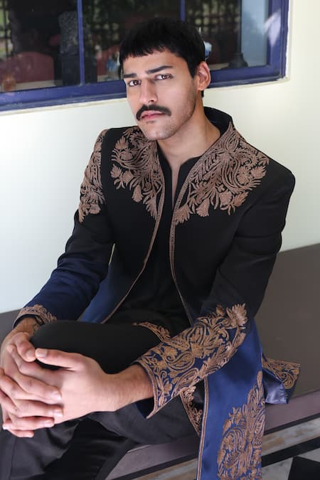 Angad Creations_Black Cotton Satin Embroidery Designer Tilla Thread Work Kurta Set _at_Aza_Fashions