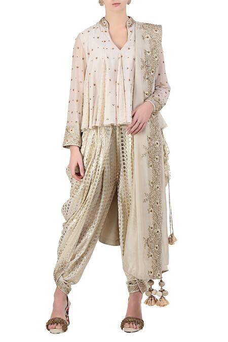 Shop_Nikasha_White Mandarin Collar Embroidered Kurta And Dhoti Pant Set _Online_at_Aza_Fashions