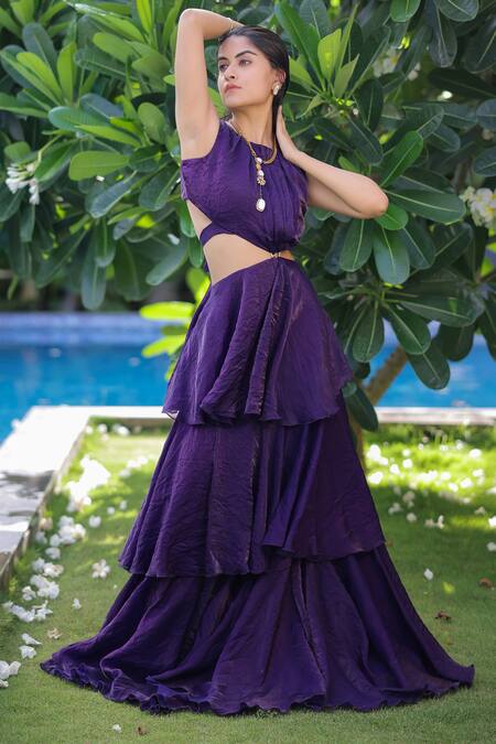 Shop Foram Patel Purple Organza Round Neck Soft Dress Online at Aza Fashions Shop_Foram Patel_Purple Organza Round Neck Soft Dress_Online_at_Aza_Fashions