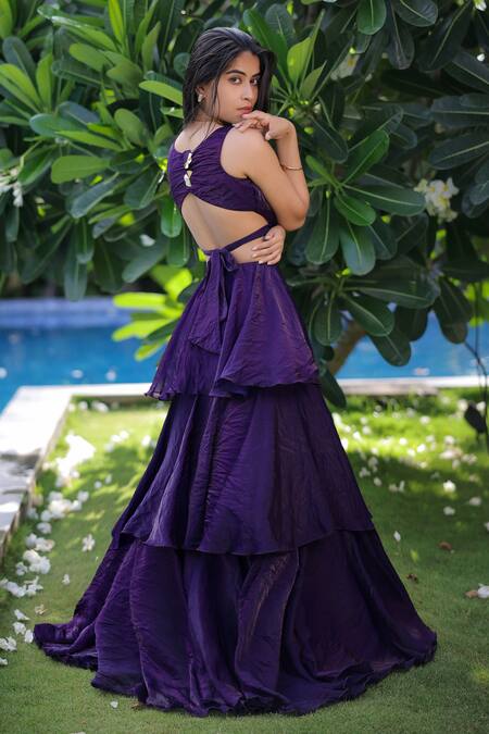 Foram Patel Purple Organza Round Neck Soft Dress at Aza Fashions Foram Patel_Purple Organza Round Neck Soft Dress_at_Aza_Fashions