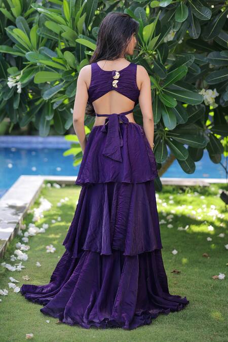 Shop Foram Patel Purple Organza Round Neck Soft Dress at Aza Fashions Shop_Foram Patel_Purple Organza Round Neck Soft Dress_at_Aza_Fashions
