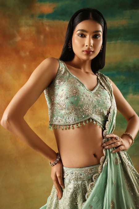 Meenagurnam_Green Tissue Sequins, Mirrors, Embroidery V-neck Embellished Lehenga Set _Online_at_Aza_Fashions