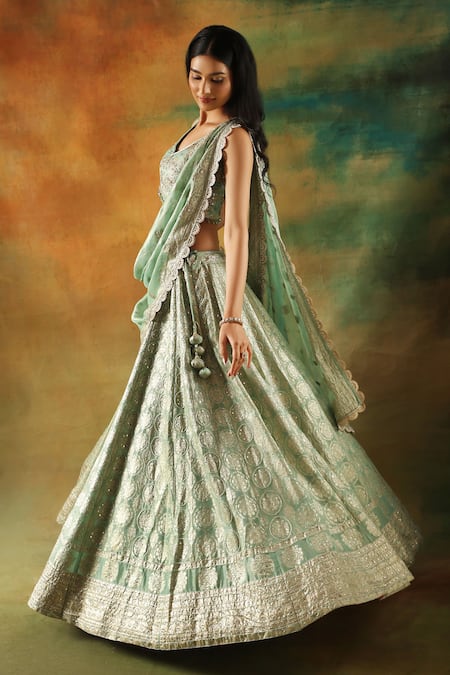 Buy_Meenagurnam_Green Tissue Sequins, Mirrors, Embroidery V-neck Embellished Lehenga Set _Online_at_Aza_Fashions