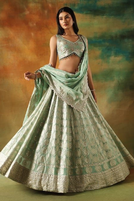 Shop_Meenagurnam_Green Tissue Sequins, Mirrors, Embroidery V-neck Embellished Lehenga Set _Online_at_Aza_Fashions