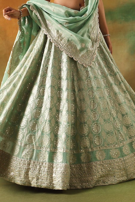 Meenagurnam_Green Tissue Sequins, Mirrors, Embroidery V-neck Embellished Lehenga Set _at_Aza_Fashions