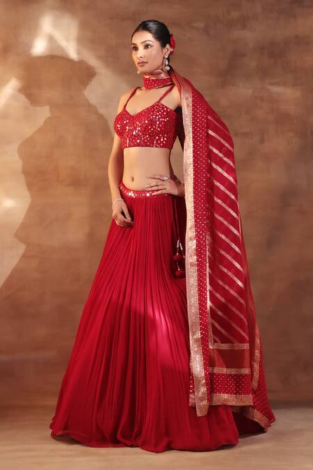 Shop Meenagurnam Red Net, Viscose Georgette, Jacquard Mirrors Sweetheart Neck Work Lehenga Set Online at Aza Fashions Shop_Meenagurnam_Red Net, Viscose Georgette, Jacquard Mirrors Sweetheart Neck Work Lehenga Set _Online_at_Aza_Fashions