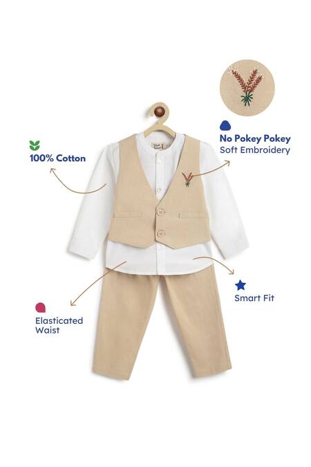 Tiber Taber_White Cotton Embroidery Beige Designer Boys Waistcoat Set _Online_at_Aza_Fashions