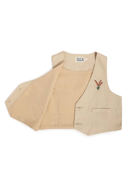 Buy_Tiber Taber_White Cotton Embroidery Beige Designer Boys Waistcoat Set 
