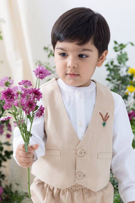 Shop_Tiber Taber_White Cotton Embroidery Beige Designer Boys Waistcoat Set 